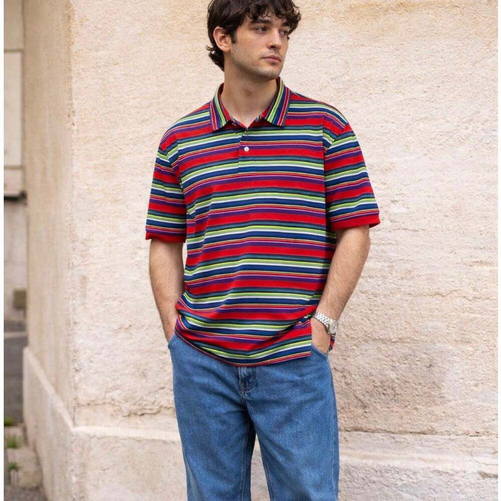 Polo Ralph Lauren Shirt Men’s L Red Multicolor Striped Cotton Y2K Style Pony Hem